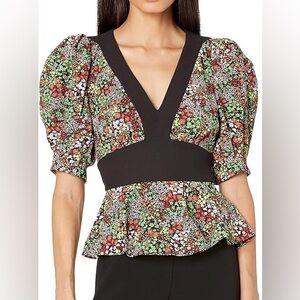 Ted Baker Floral Puff-Sleeve V-Neck Top in Green, Brown, White and Black